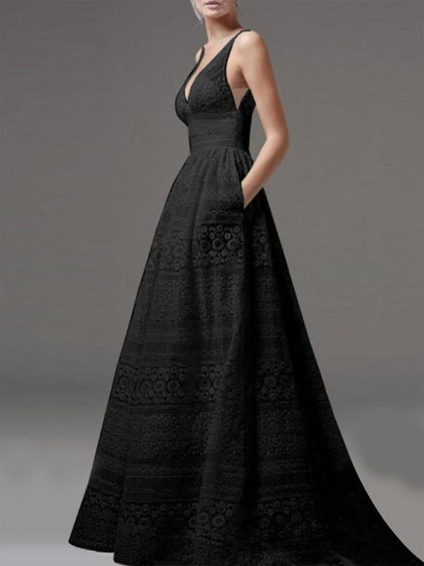 Deep V-Neck Hollow Out Plain Lace Wedding Evening Dress