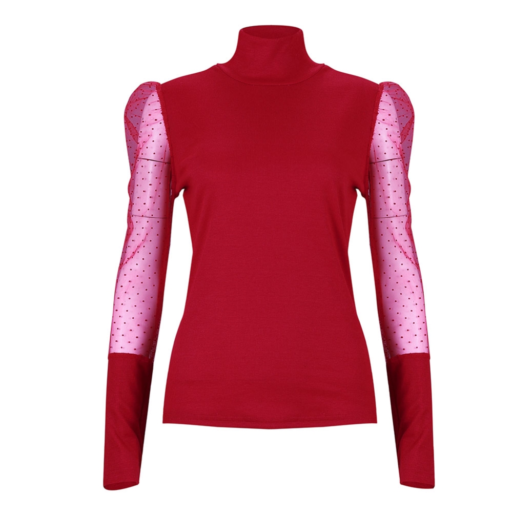 Red High Neck Basic Top with Polka Mesh Sleeves