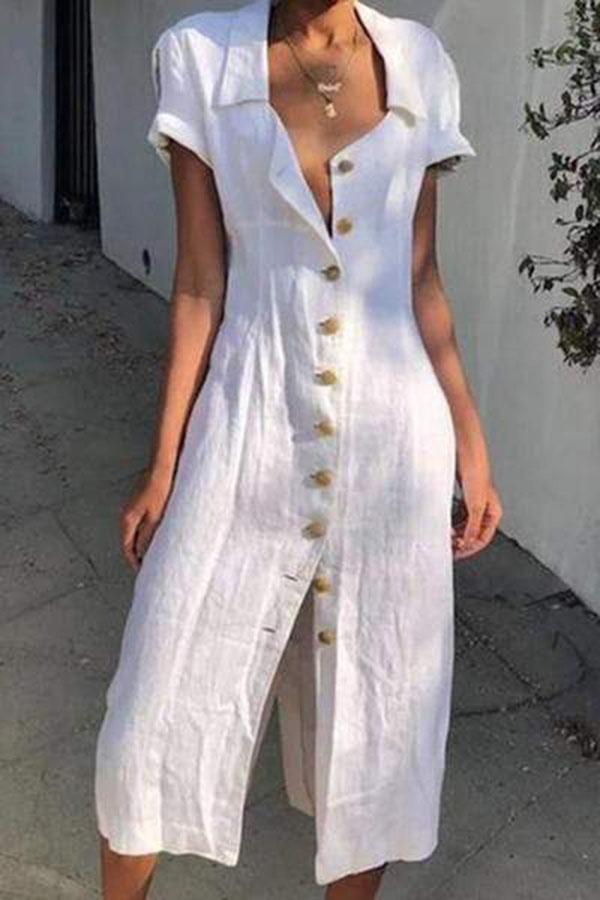 Fold Over Collar  Single Breasted  Plain Shift Dress