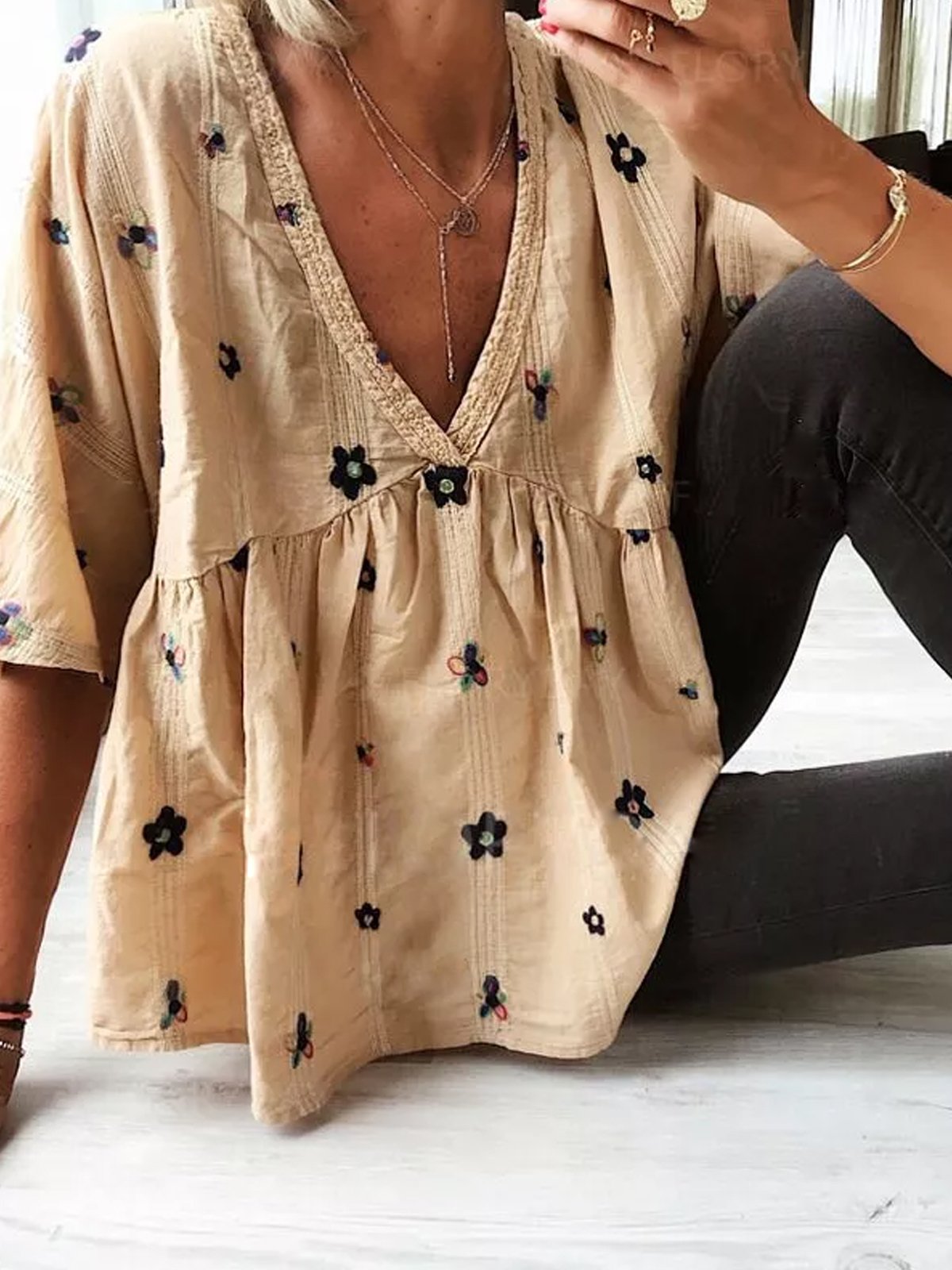 Khaki Casual Cotton-Blend Short Sleeve Shirts & Tops