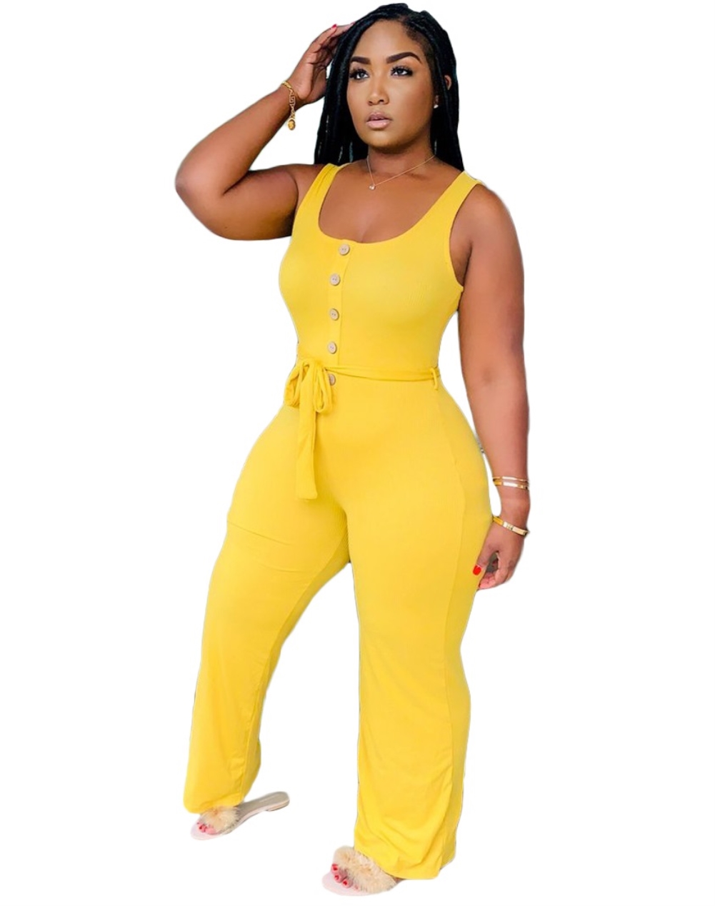Summer Plain Round Neck Sleeveless Jumpsuit with Belt