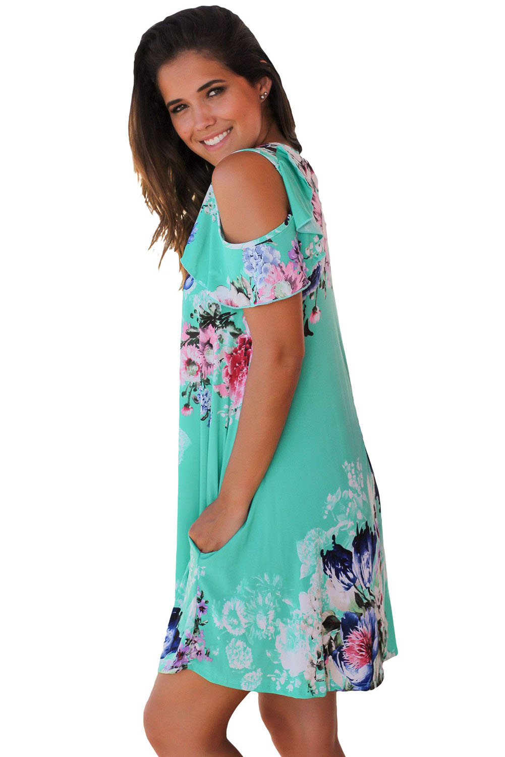 Ruffled Cold Shoulder Mint Floral Dress