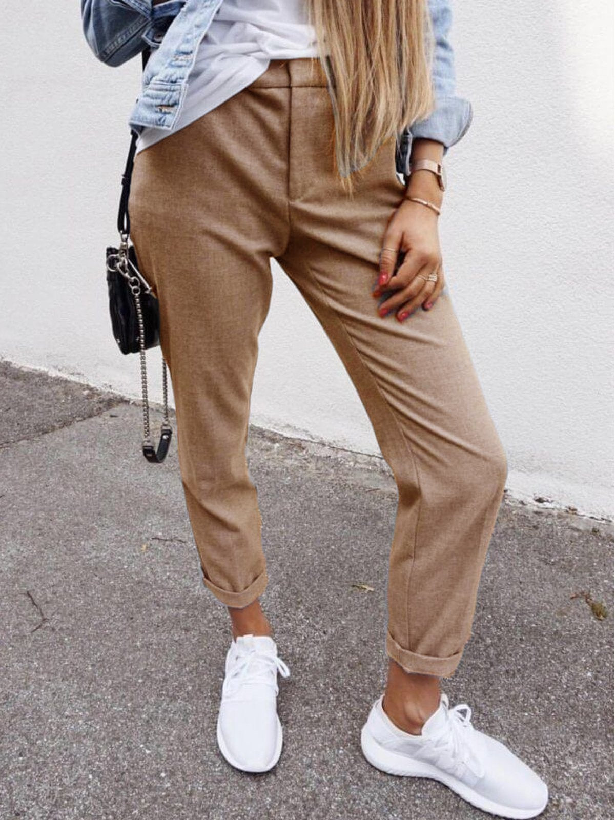 Solid Casual Cotton-Blend Pants