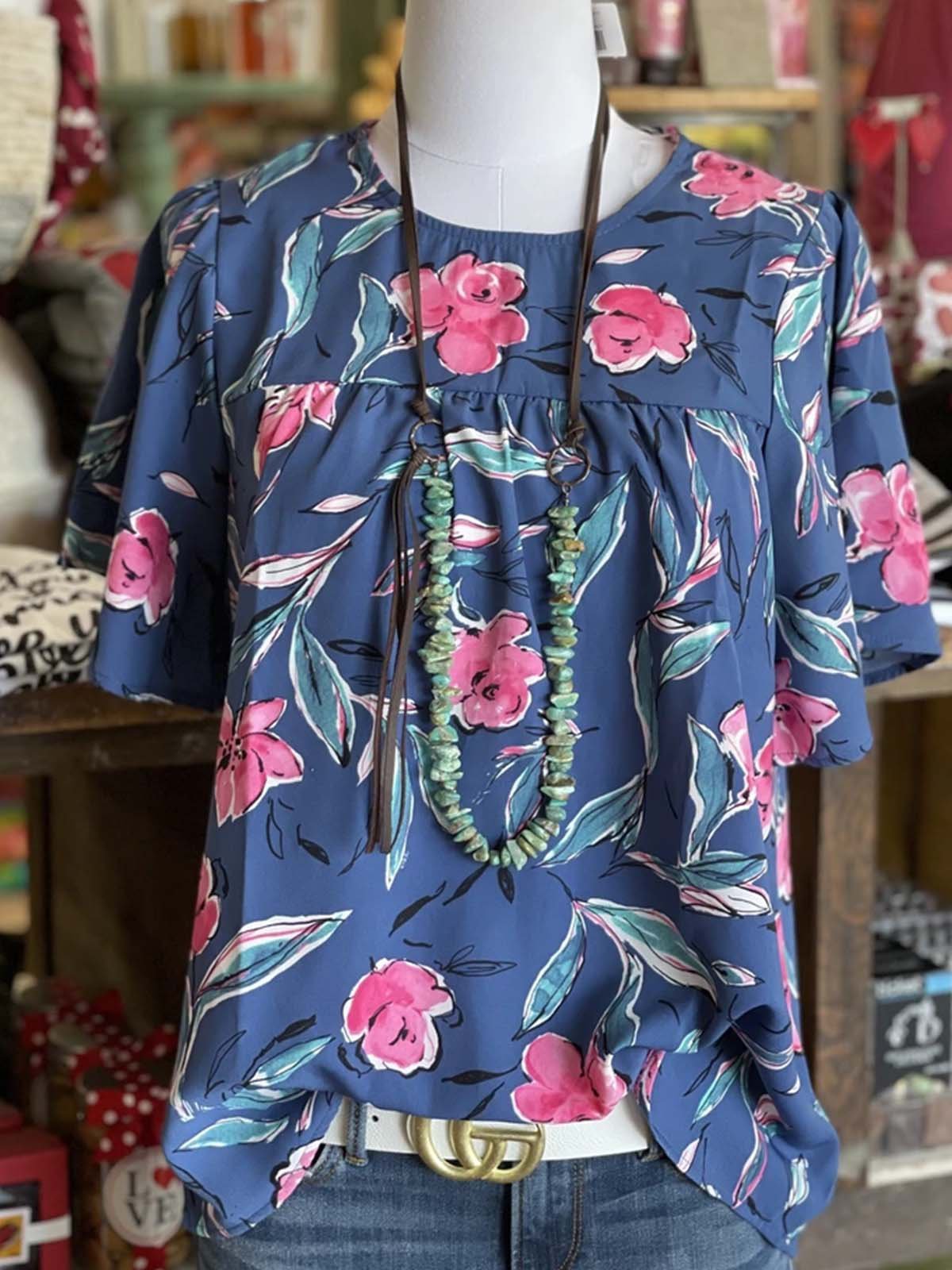 Printed Boho Short Sleeve Crew Neck Shirts & Tops