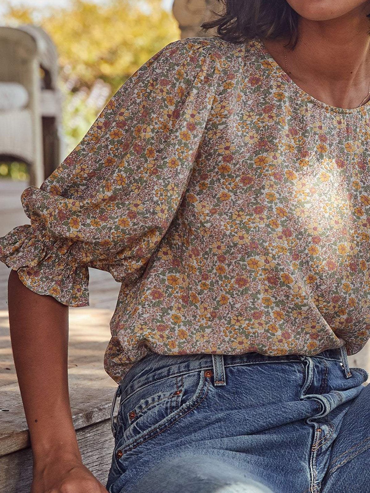 Flower Crew Neck Vintage Floral Half Sleeve Dresses