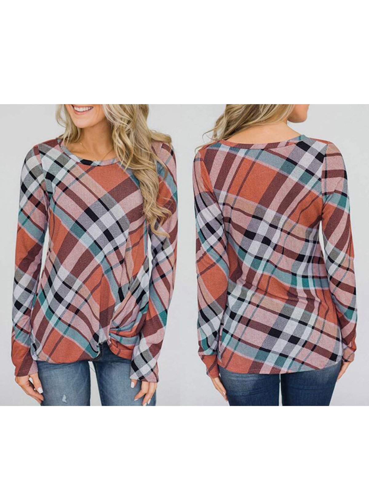 Women Paneled Long Sleeve Gingham T-Shirts