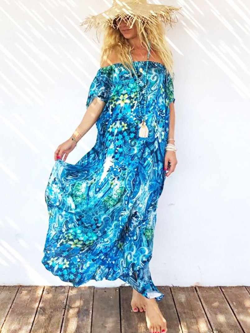 Women Casual Floral Off Shoulder Sleeveless Dress