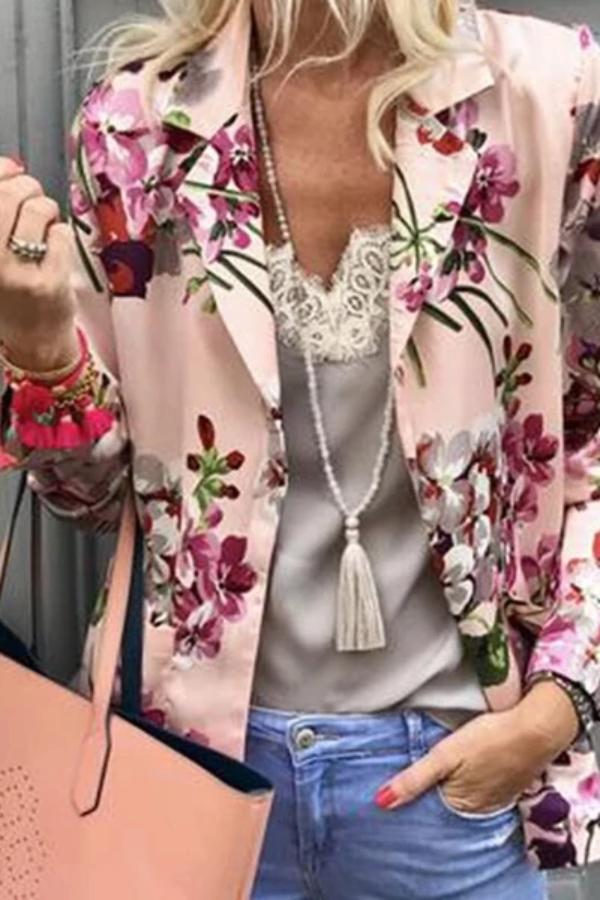 Sweet Turndown Collar Printed Colour Long Sleeve Blazer