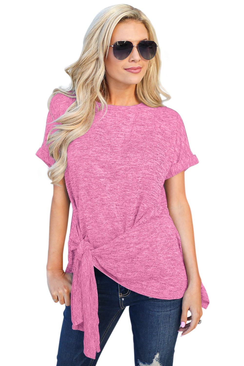 Rose Wrap Self Tie Waist Short Sleeve Top
