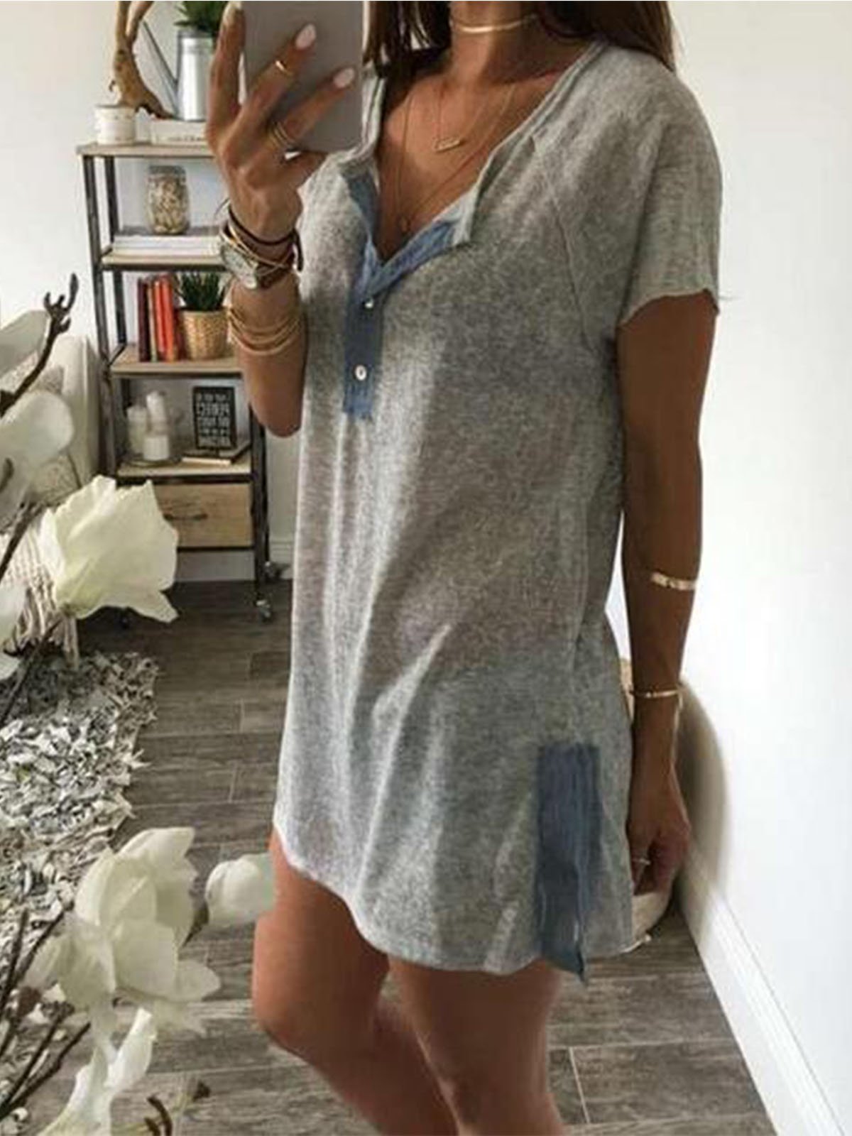 Cotton Solid Short Sleeve V Neck Shirts & Tops