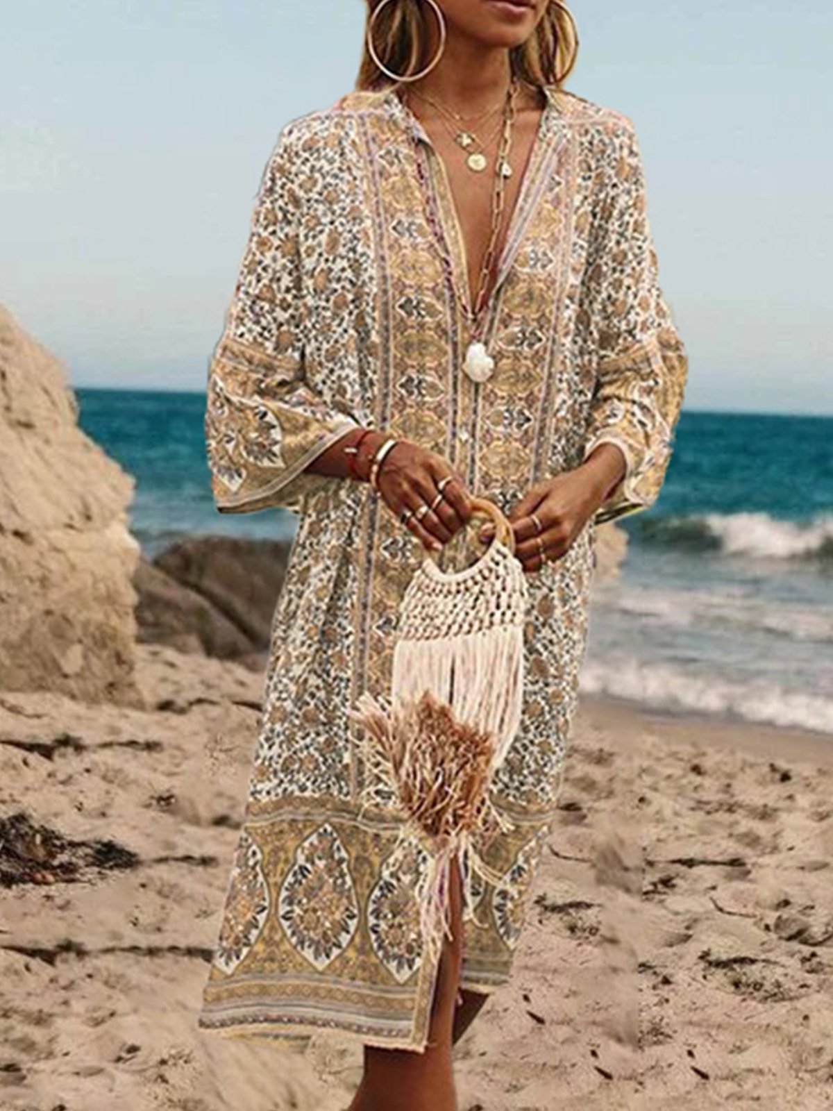 5 Colors Summer Bohemian Style V Neck Sexy Printed Dresses