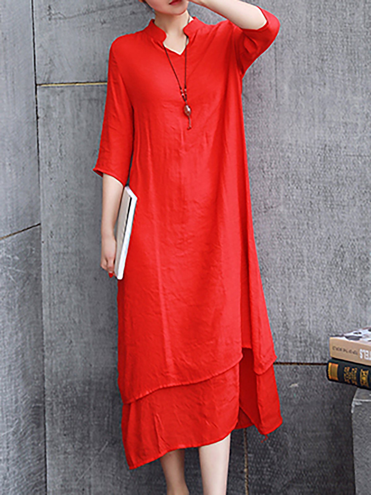 V neck Women Casual Dress Shift Daily Linen Paneled Dress