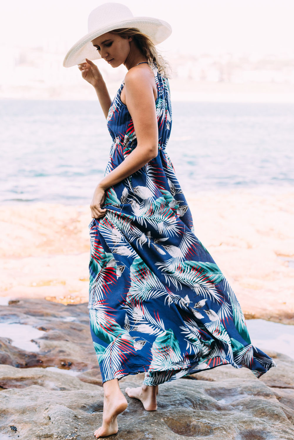 Blue Tropical Leaf Print Sexy V Neck Maxi Dress