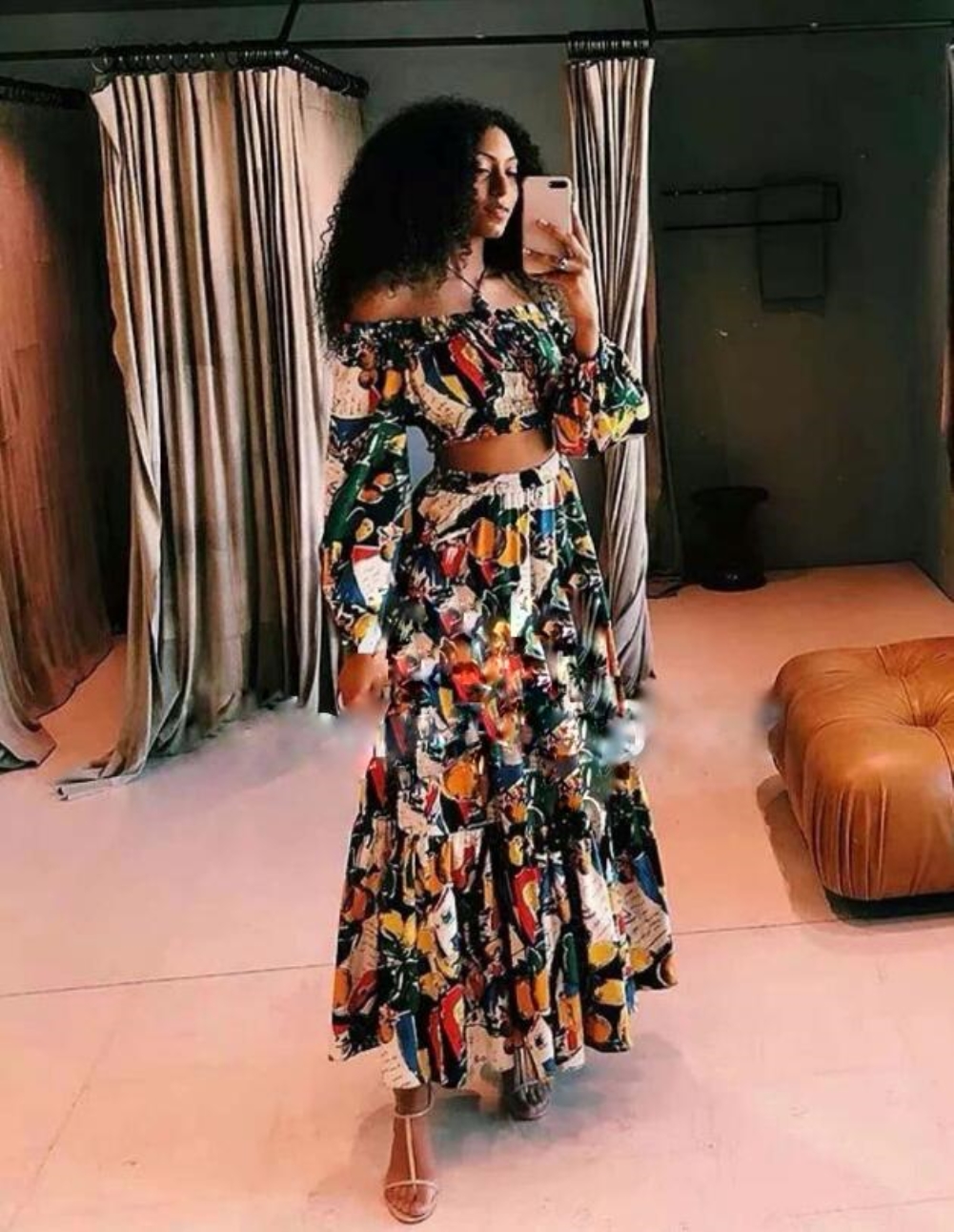 African Colorful Off Shoulder Crop Top and Maxi Skirt Set