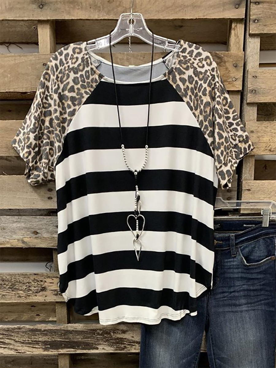 Black Short Sleeve Cotton-Blend Leopard Shirts & Tops