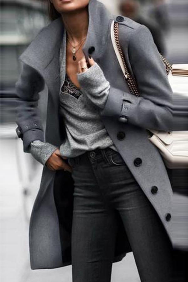 Fashion Pure Colour   Long Sleeve Coat