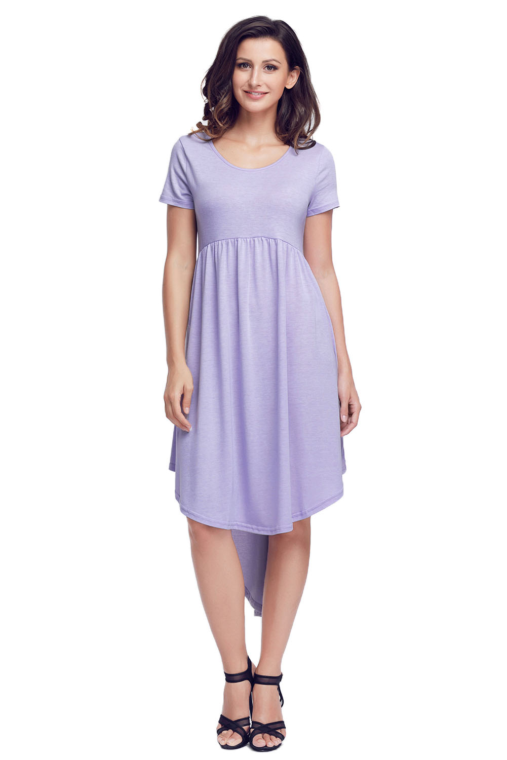 Mauve Short Sleeve High Low Pleated Casual Swing Dress