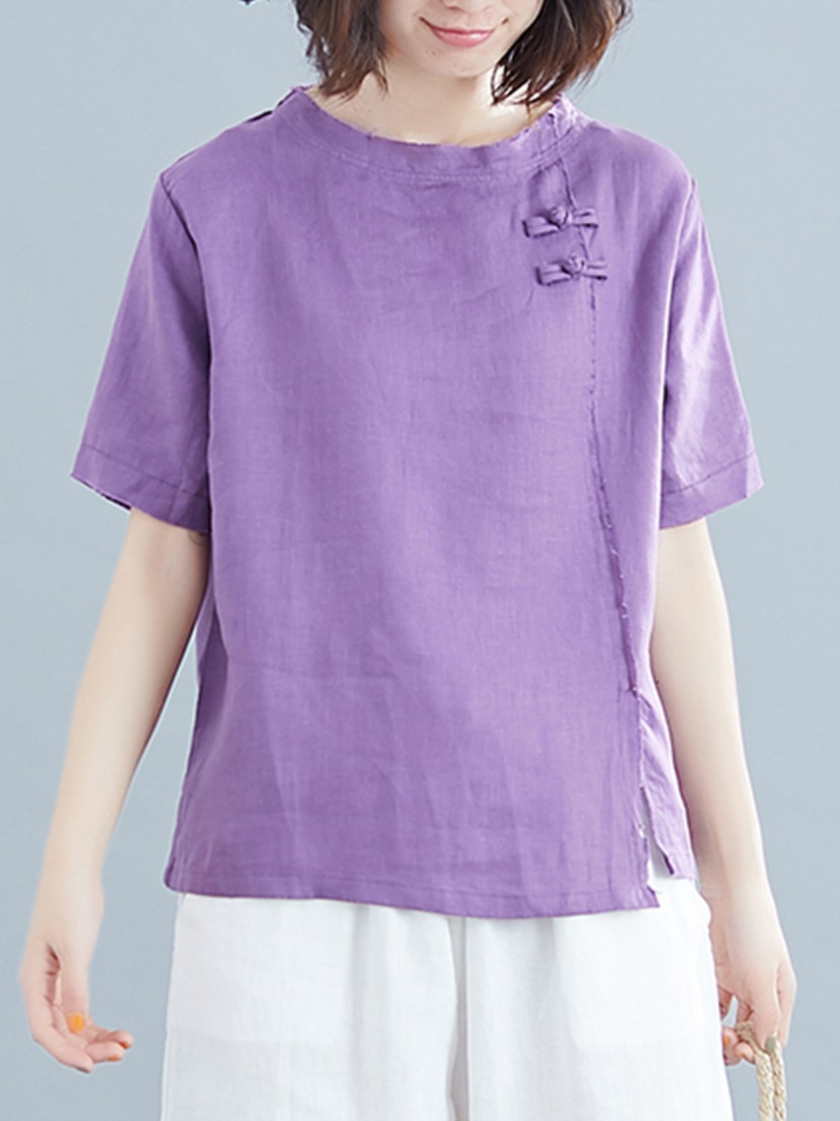 Plus Size Women Short Sleeve Round Neck Vintage Solid Casual Tops