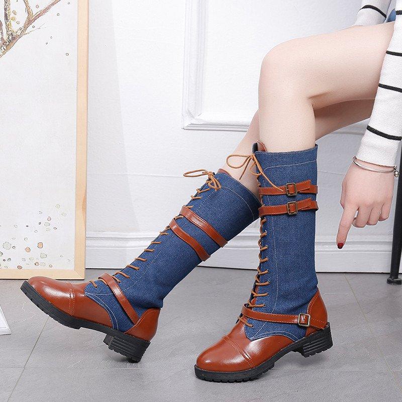 Vintage Lace Up Mid-calf Boots Adjustable Buckle Casual Low Heel Paneled Boots