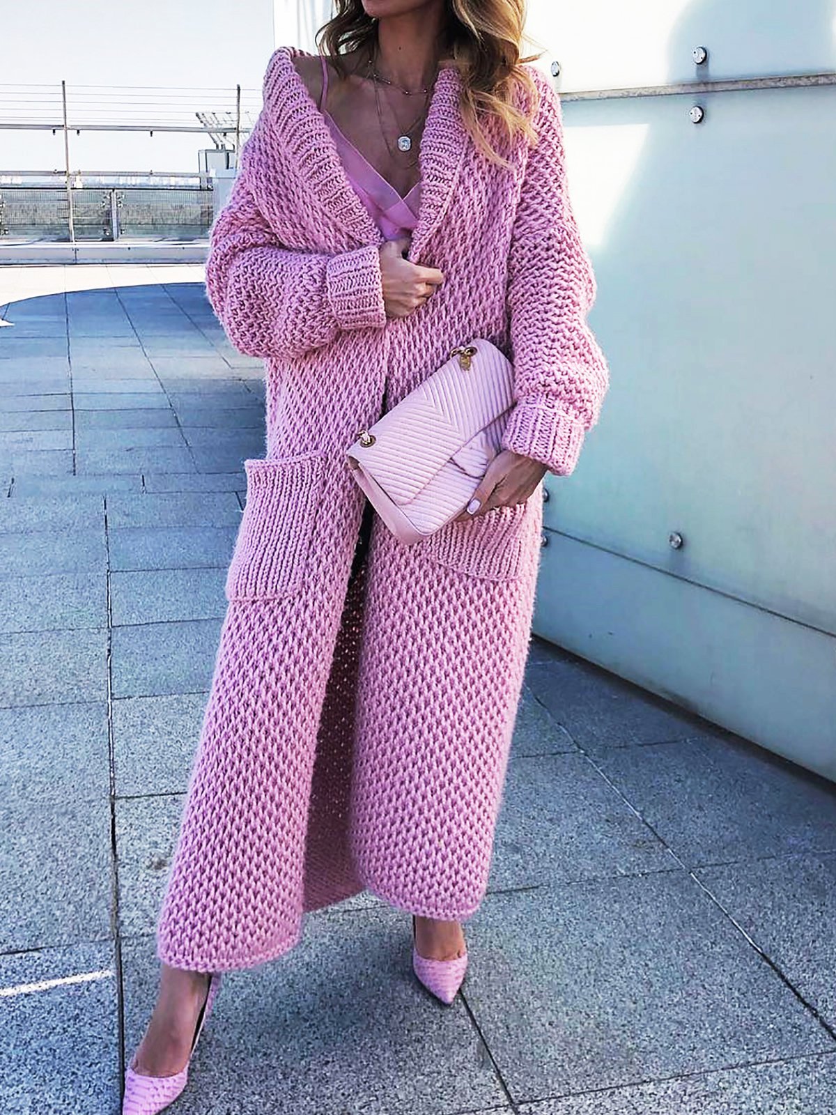 Shawl Collar Long Knitted Plus Size Cardigan Outerwear