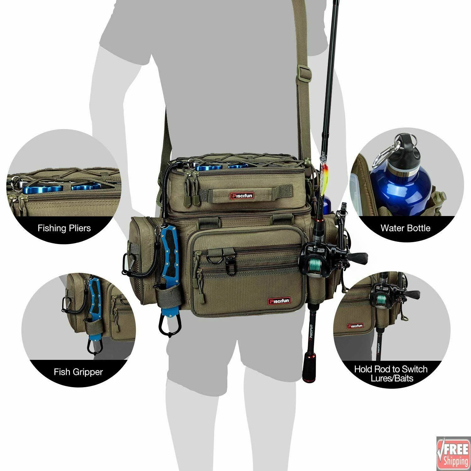 Piscifun Outdoor Fishing Tackle Box Bag Military-grade Multifunctional Large Storage Tackle Pack