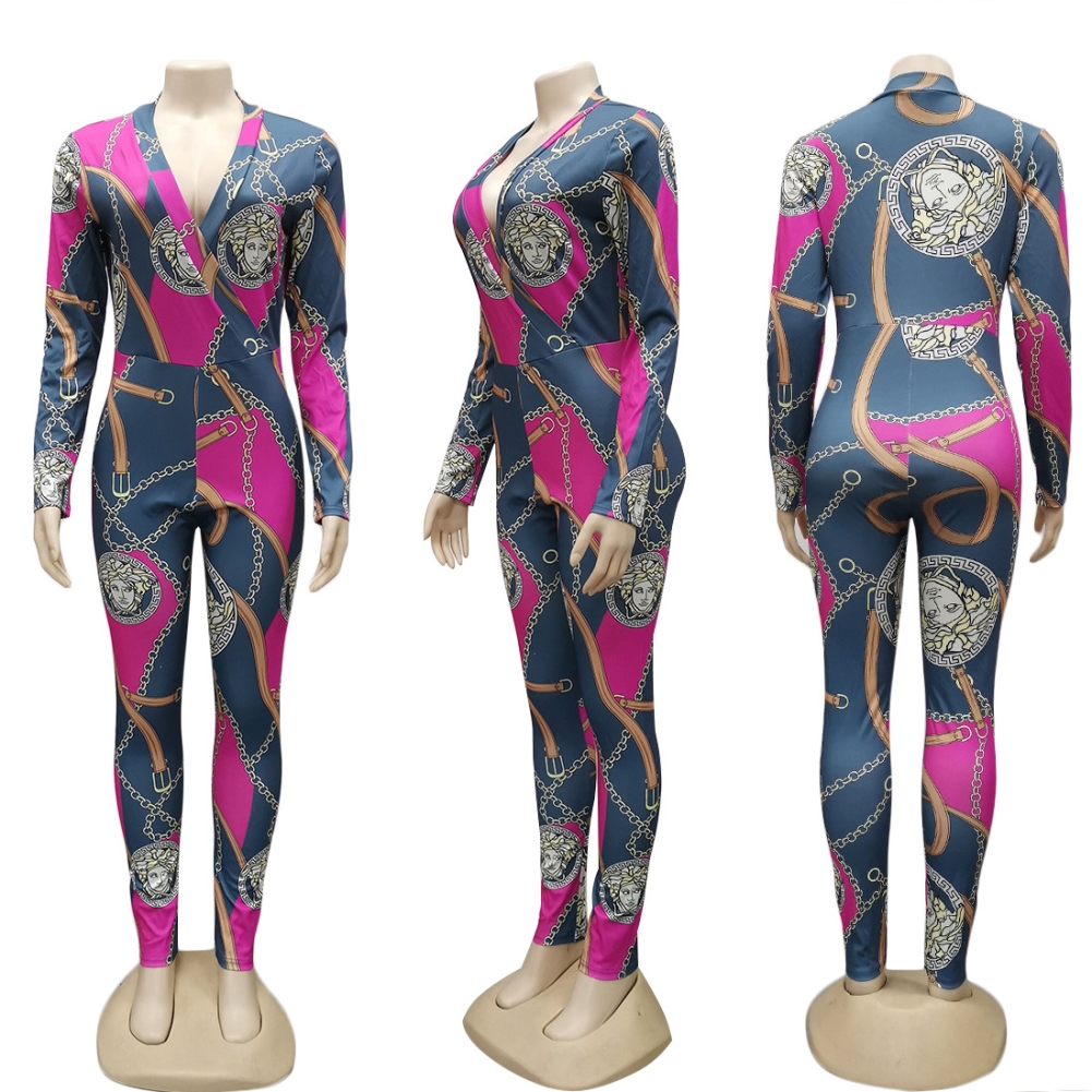 Print Long Sleeve Wrapped Bodycon Jumpsuit