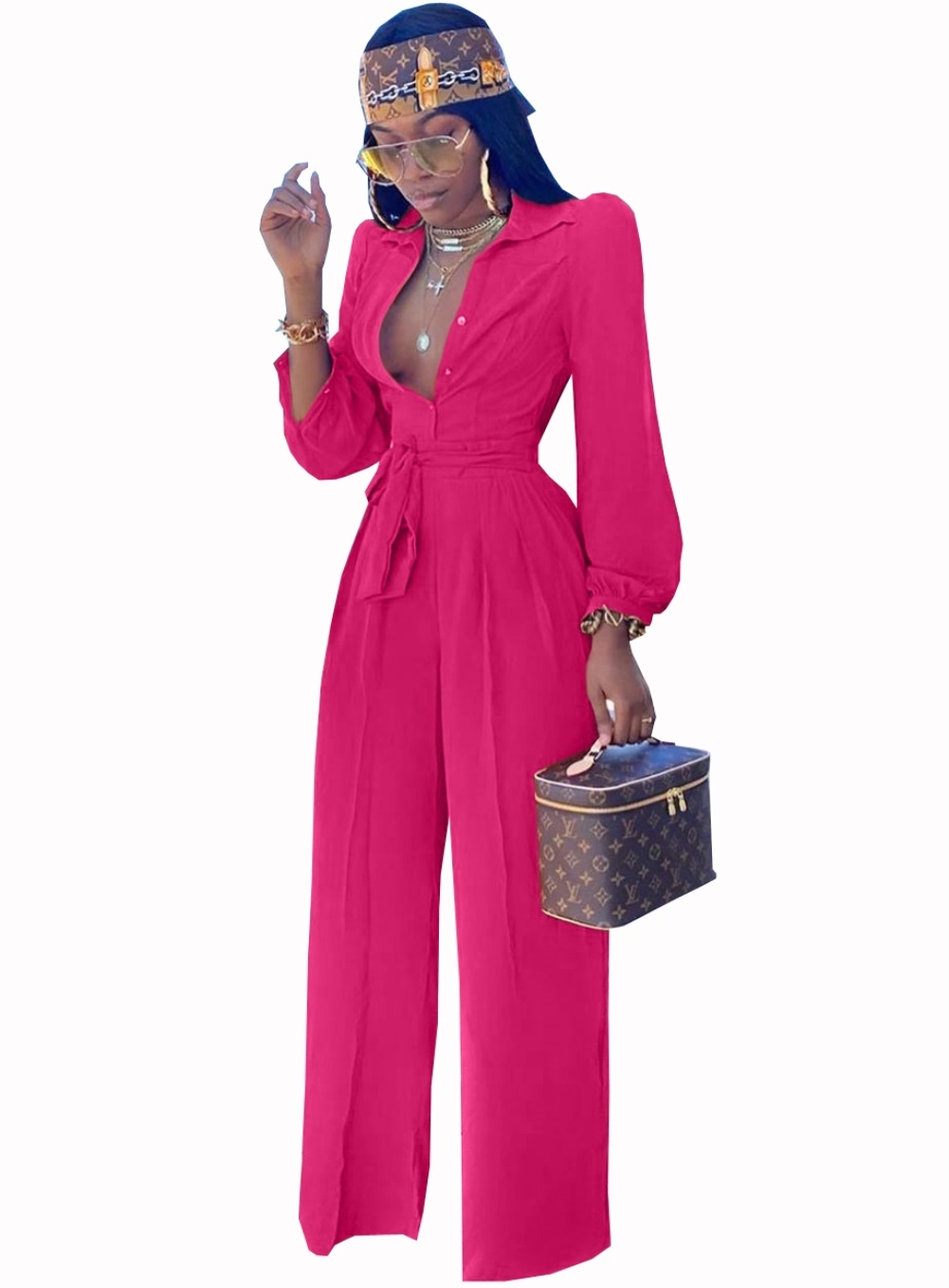Solid Color Elegant Long Sleeve Jumpsuit with Belt
