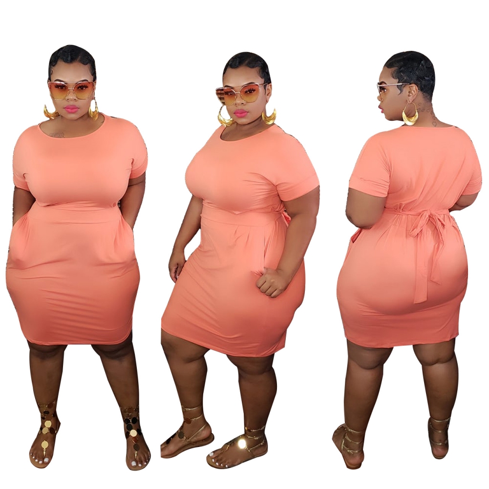 Plus Size Solid Color O Neck Shirt Dress with Belt