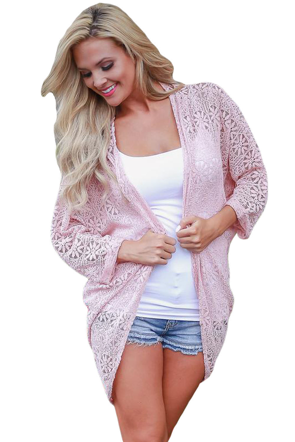 Sexy Sheer Pink Lace Kimono Beachwear