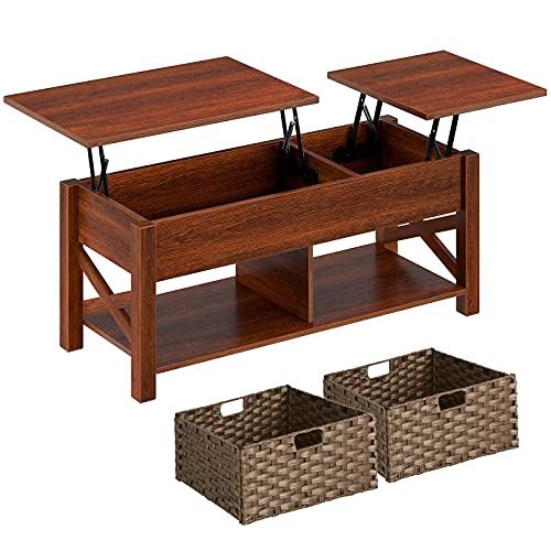 Rolanstar Lift Top Coffee Table with Storage and Rattan Baskets for Living Room