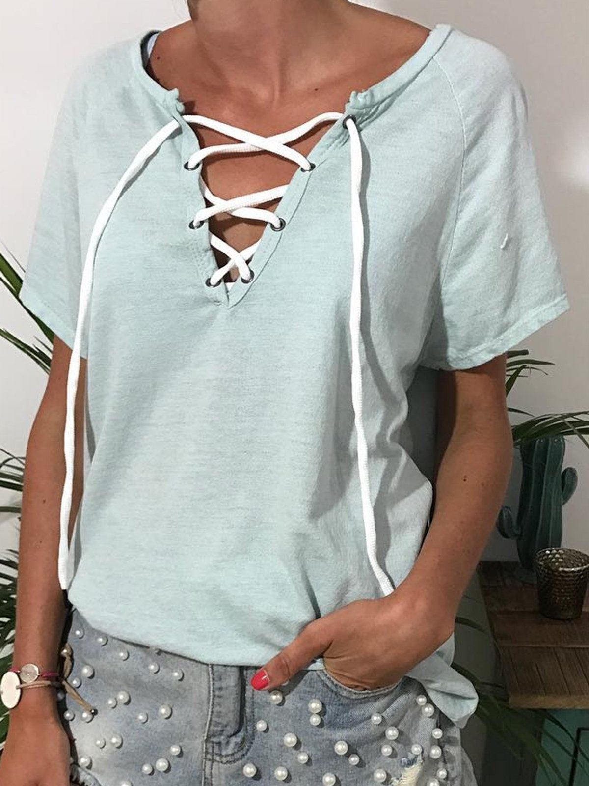 Casual V Neck Short Sleeve Tops