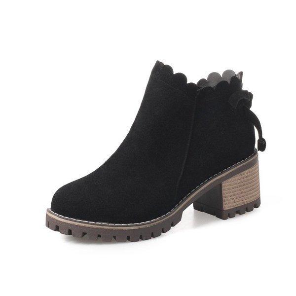Retro Wave Zipper Block Round Toe Square Heels Platform Boots For Women