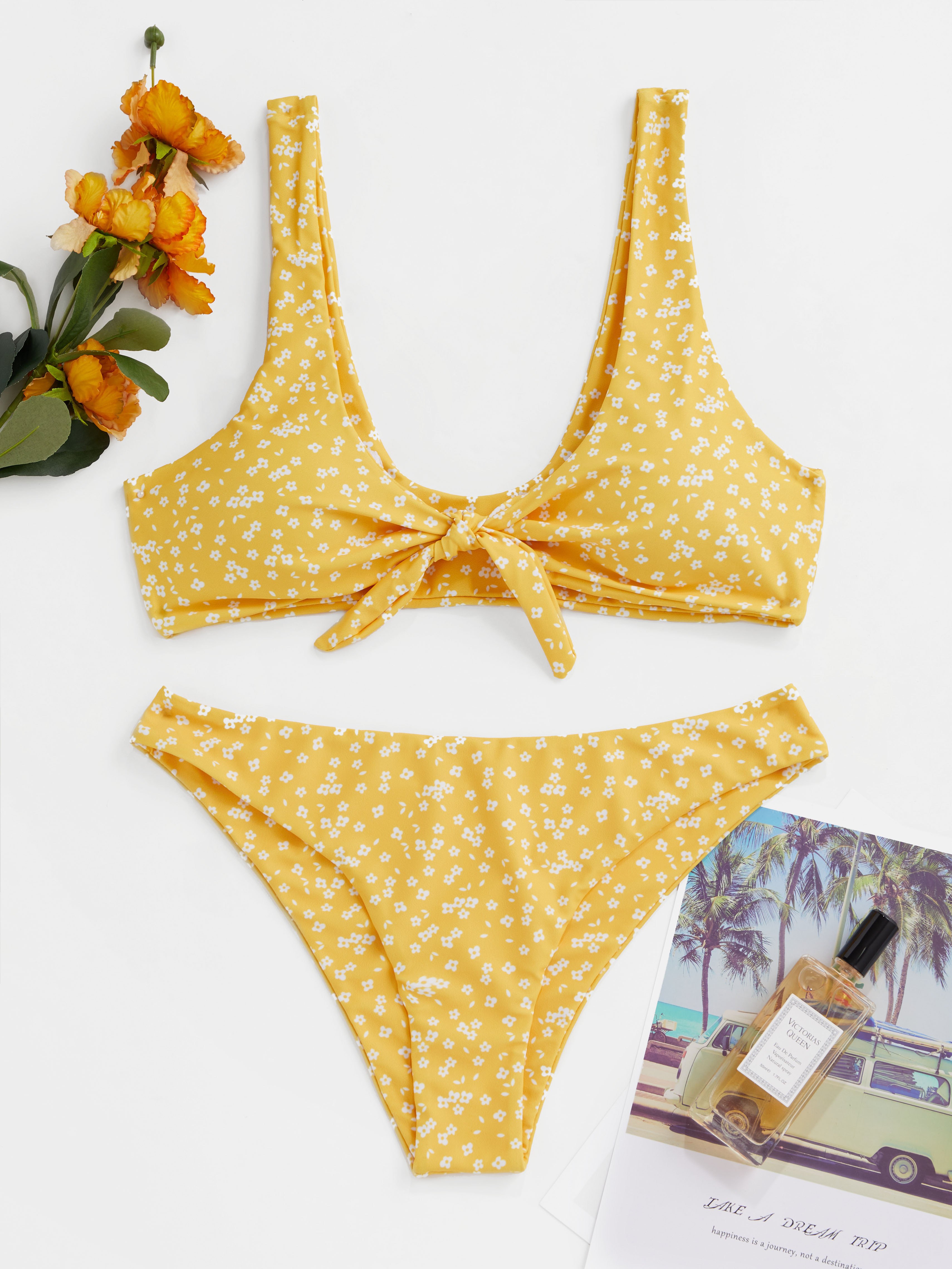 Floral Print Knot Front Bikini Set
