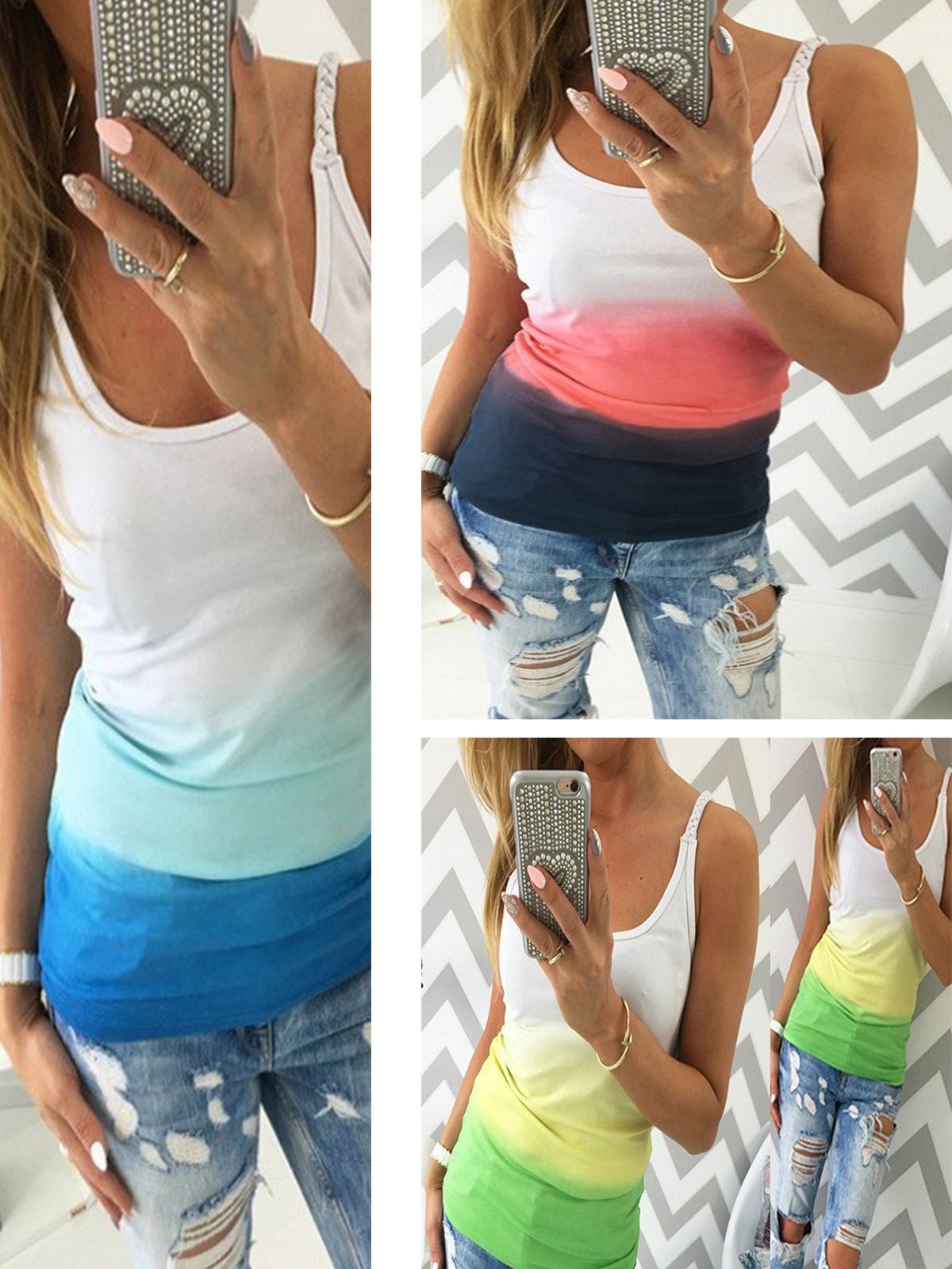 Plus Size Women Gradient Sleeveless U-neck Vintage Casual Vest Tops
