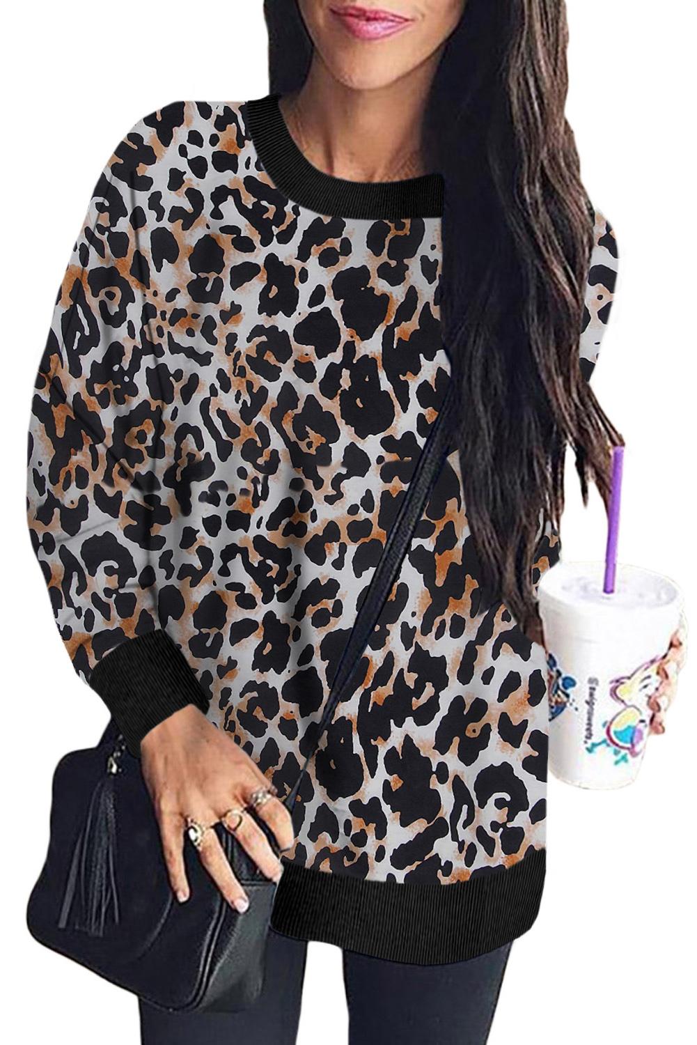 White Leopard Print Long Sleeve Pullover Sweatshirt