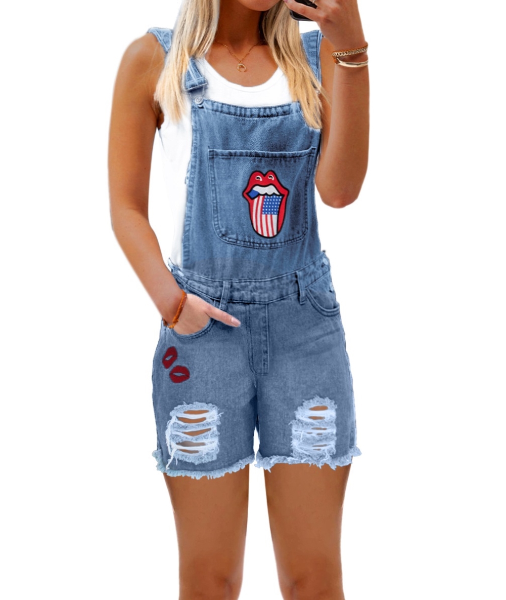 Casual Tongue Print Ripped Denim Suspender Shorts