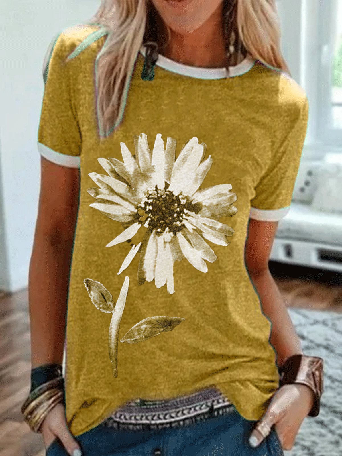 Casual Plus Size Floral Printed Tee Shirts Tops