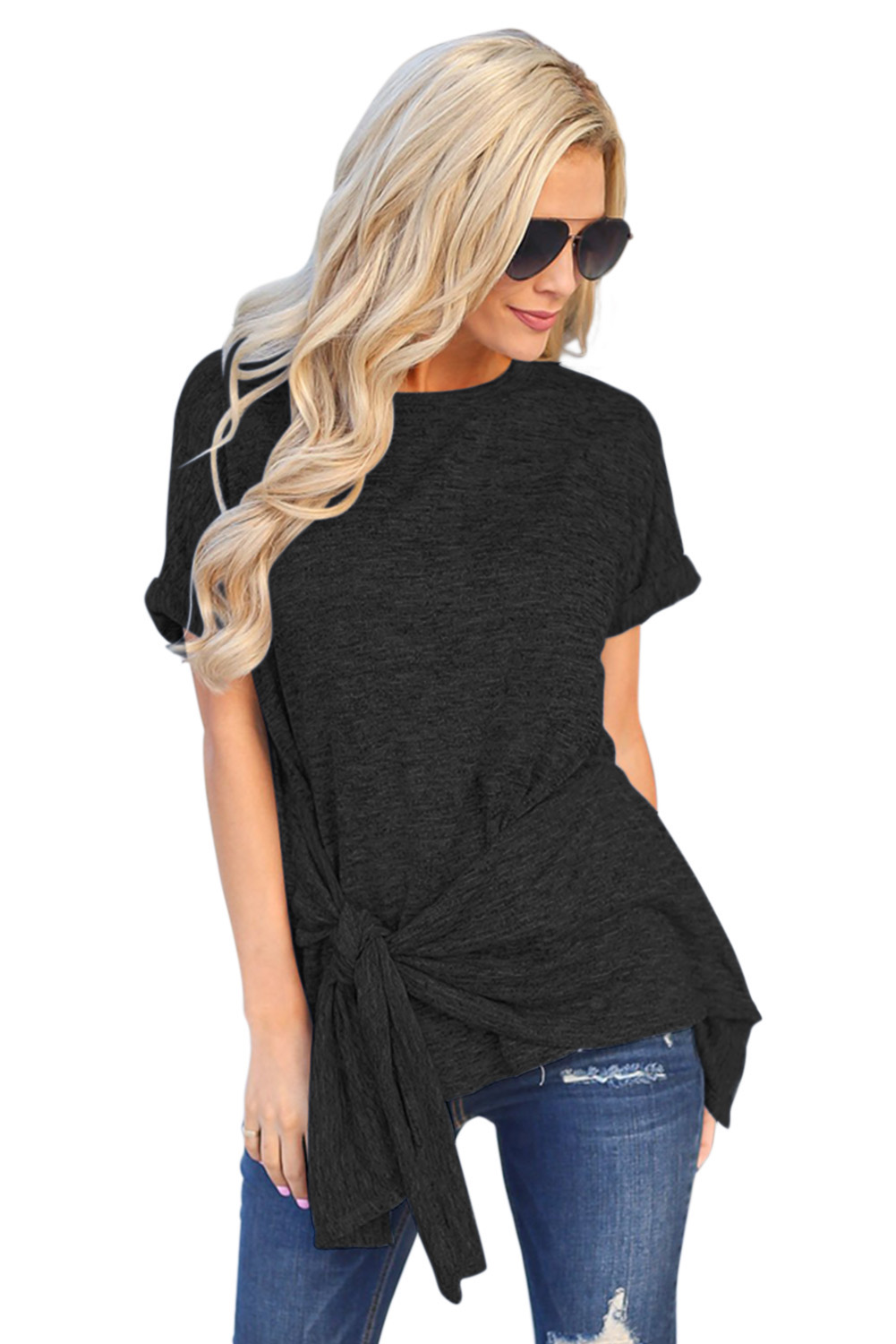 Black Wrap Self Tie Waist Short Sleeve Top