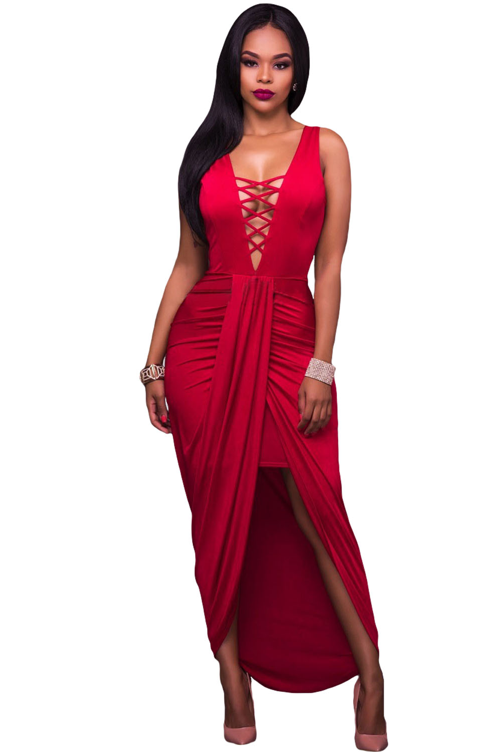 Red Deep Crisscross V Neck Draped Party Dress