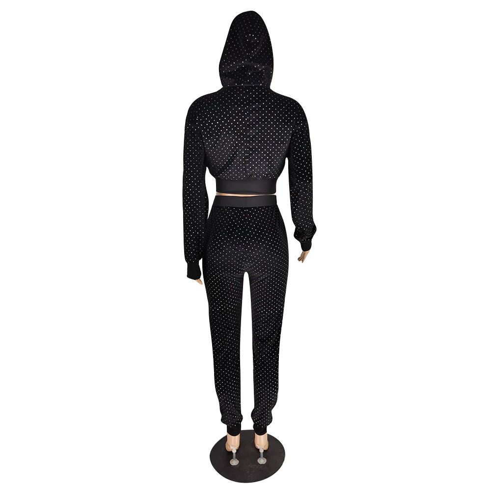 Autumn Sequins Black Crop Top and Pants Hoody Sweatsuit