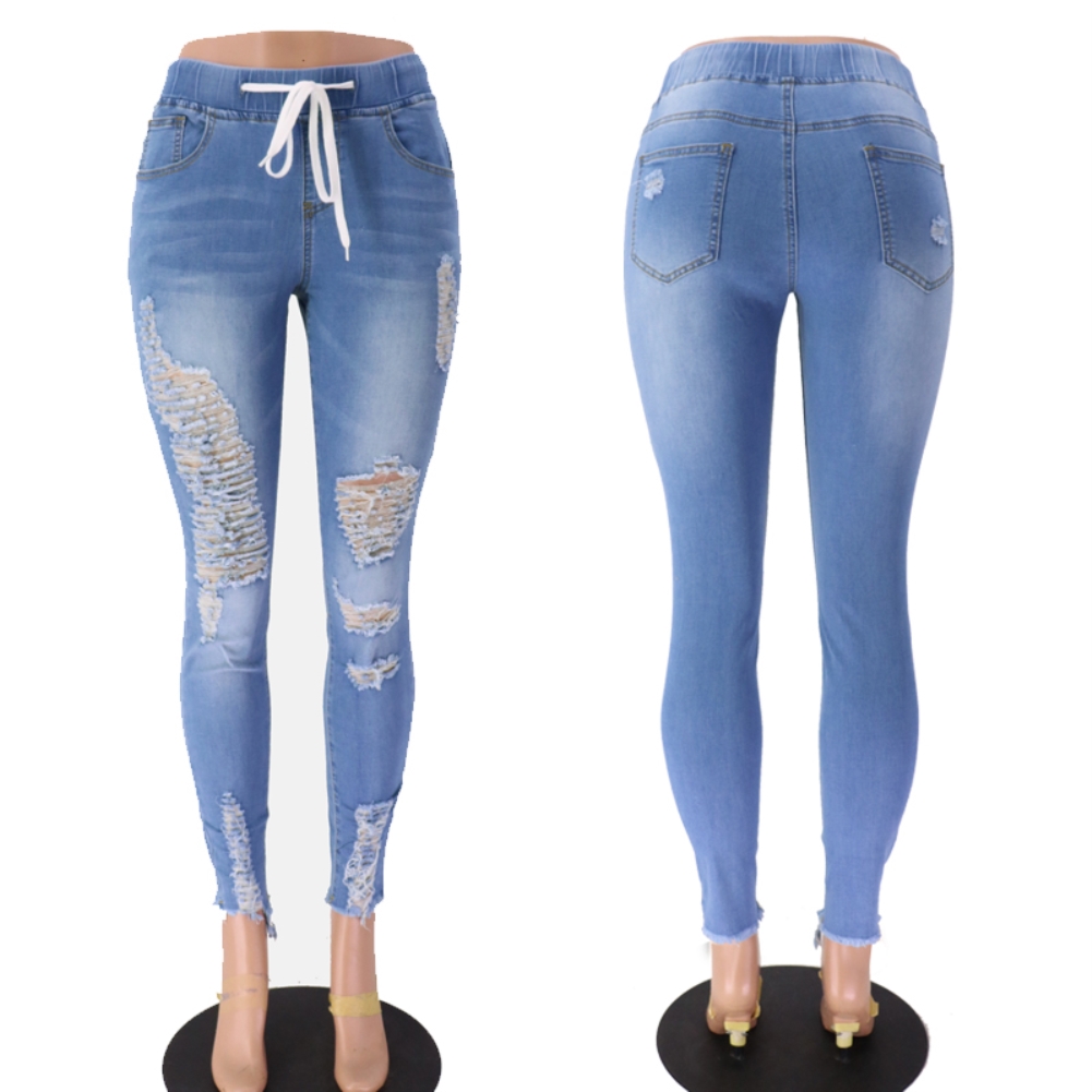Stylish High Waist Strings Ripped Jeans
