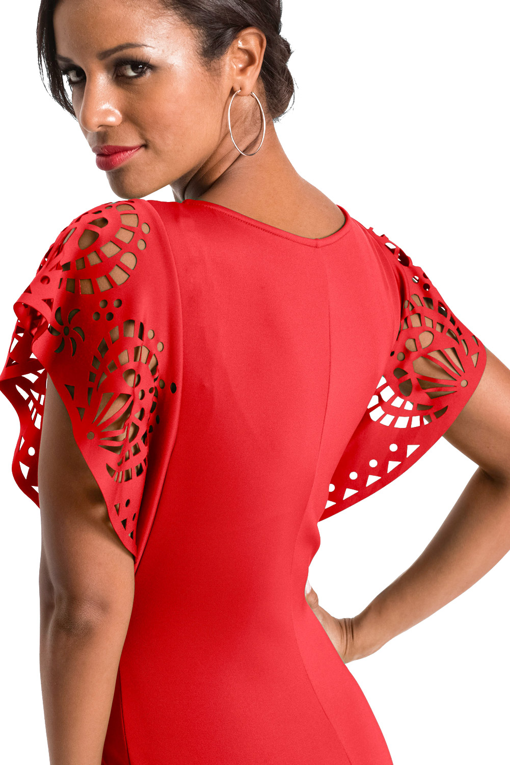 Red O-Neck Hollow Out Cloak Sleeve Bodycon Mini Dress