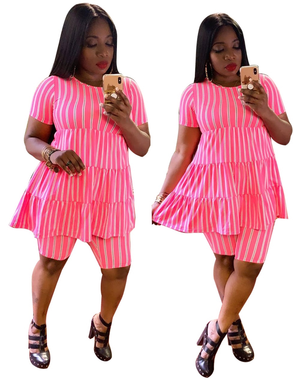 Plus Size Two Piece Stripes Short Set