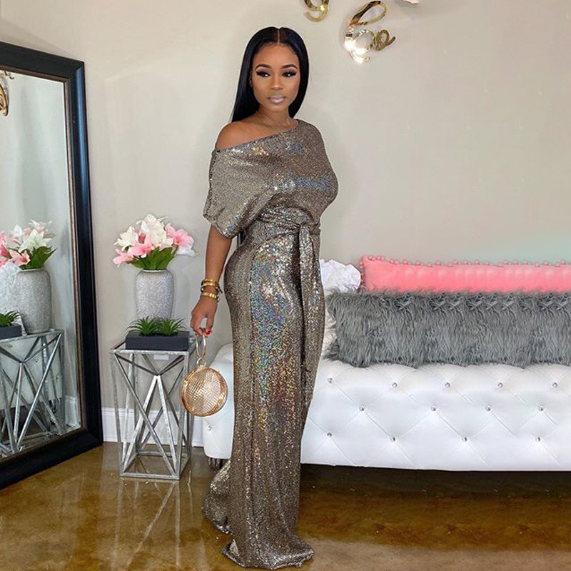 Summer Party Metallic Sexy O-Neck Loose Jumpsuit with Belt