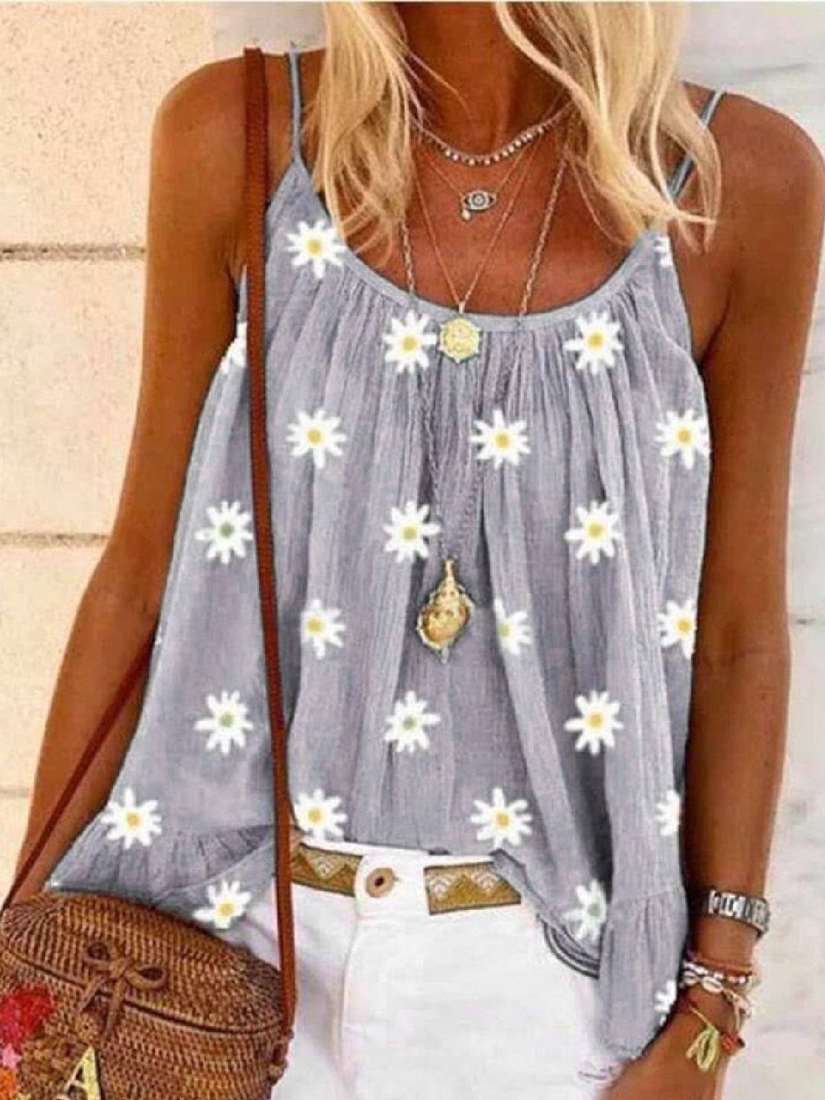 Sleeveless Floral-Print Casual Spaghetti Shirts & Tops