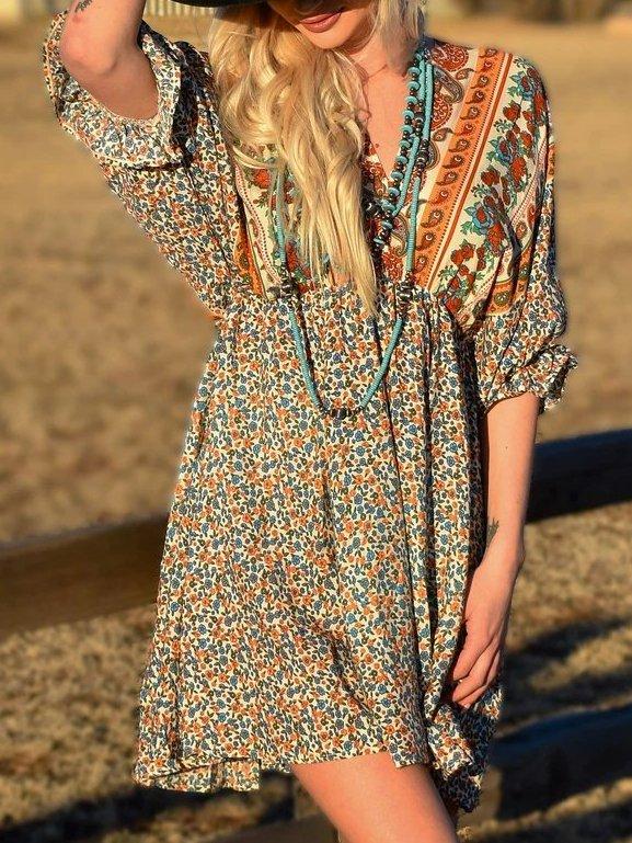 Boho Short Sleeve Gathered Dresses
