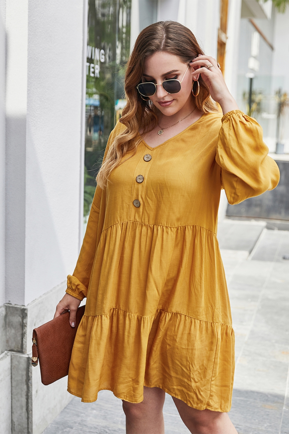 Plus Size V Neck Casual Plain Dress with Sleeves