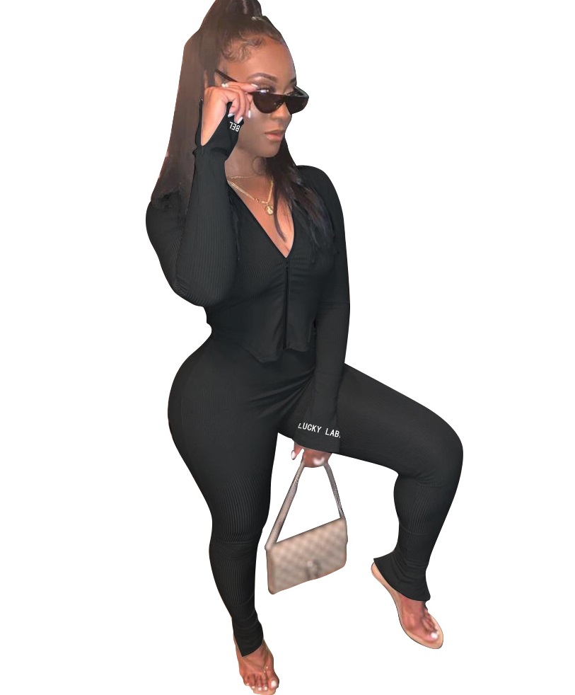 Autumn Letter Print Ribbed Zipped Top and Pants Set