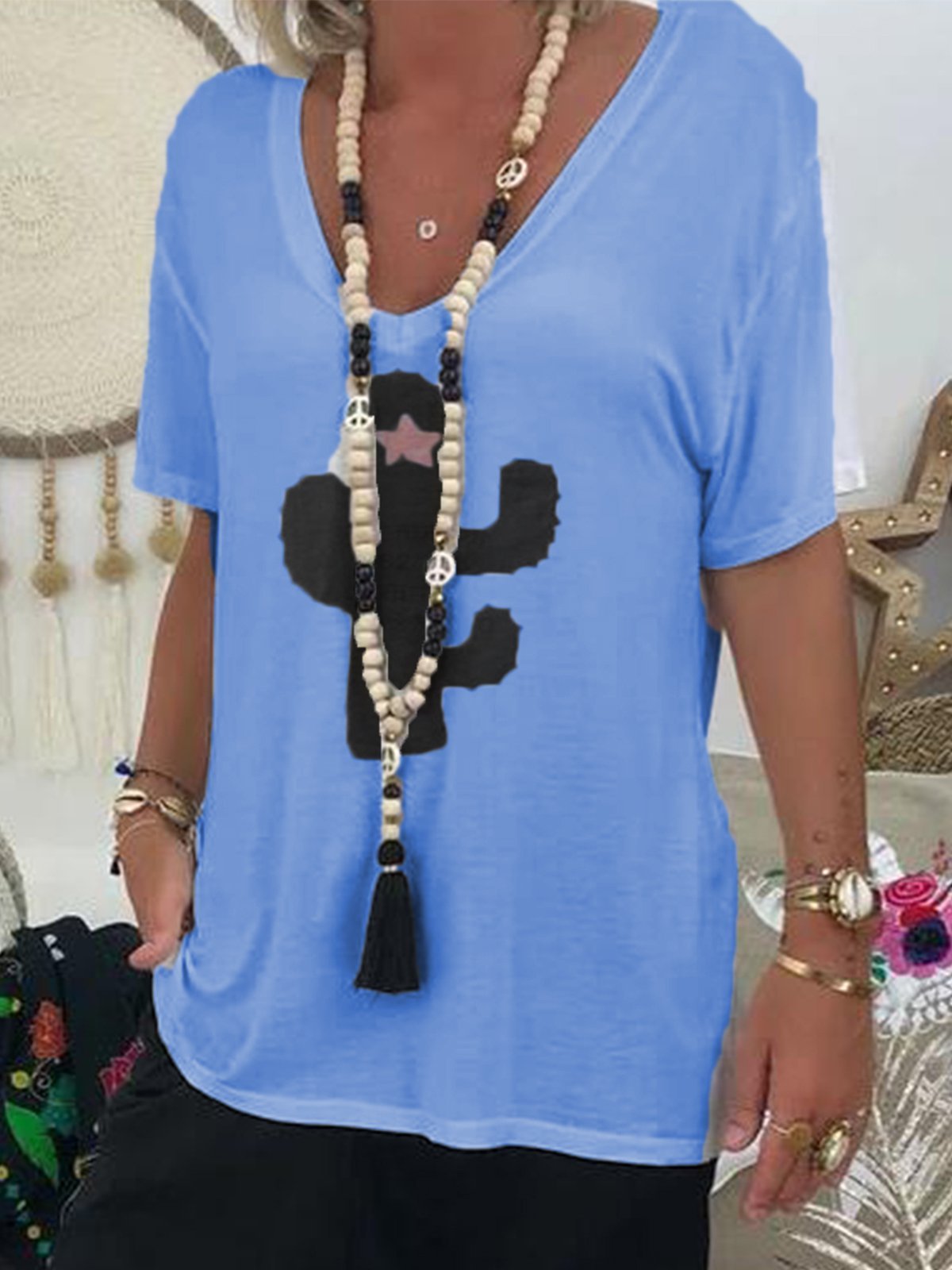 White Short Sleeve V Neck Cotton-Blend Shirts & Tops