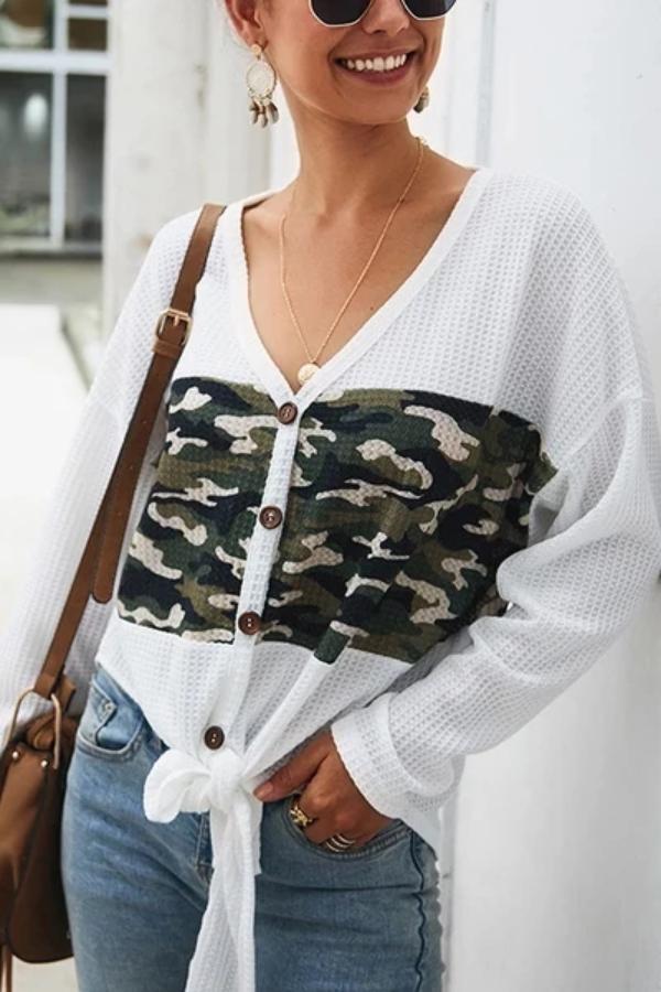 Casual Camouflage Print Knotted Knit  T-Shirt Cardigan